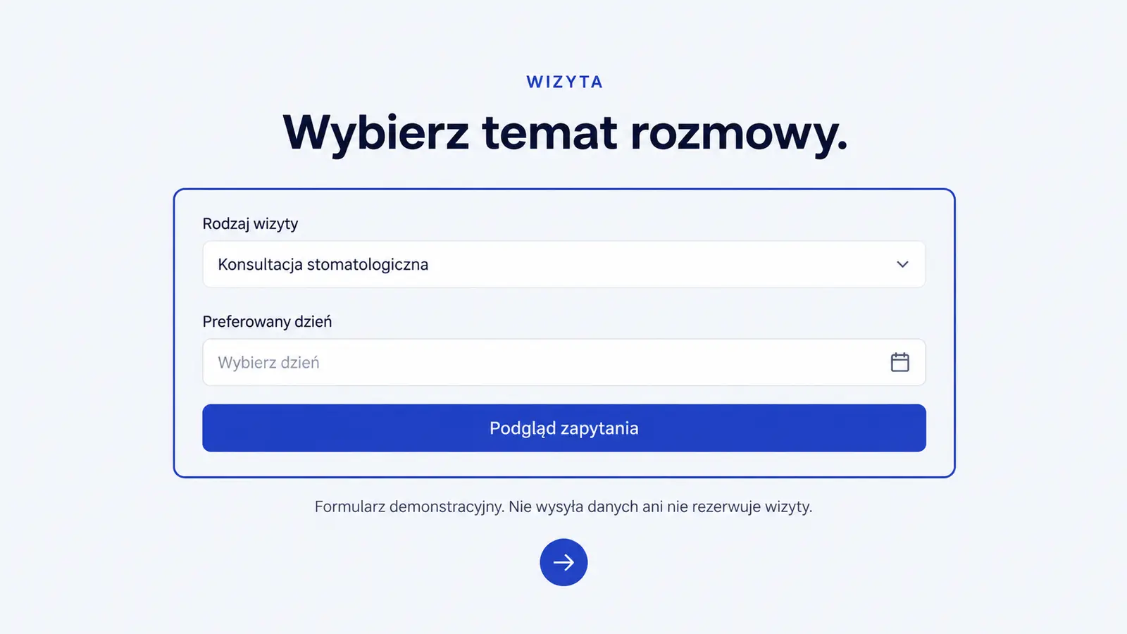 Projekt szablonu Nowoczesny dla gabinetu stomatologicznego — sekcja Zapytanie o wizytę