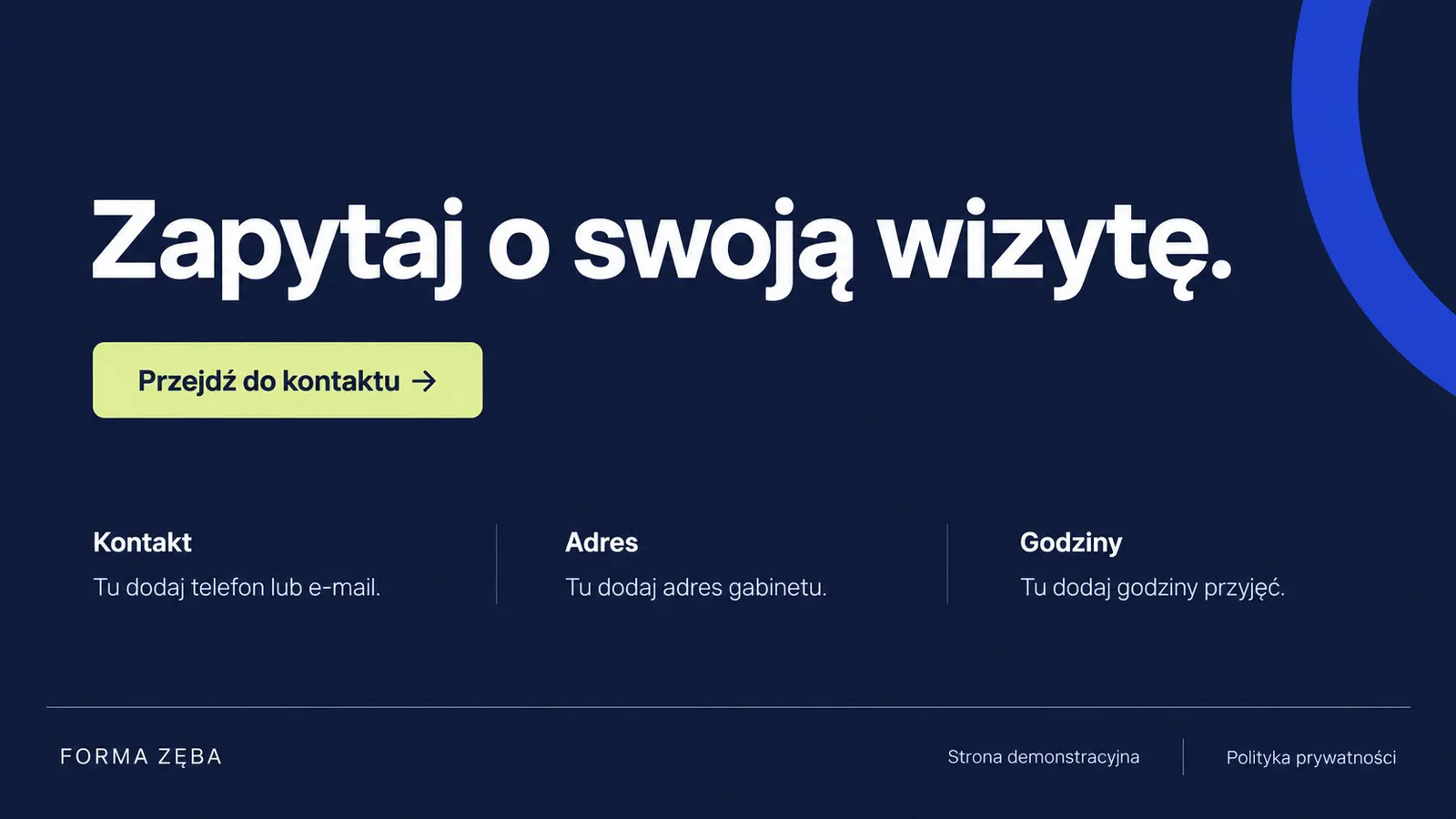 Projekt szablonu Nowoczesny dla gabinetu stomatologicznego — sekcja Kontakt i stopka