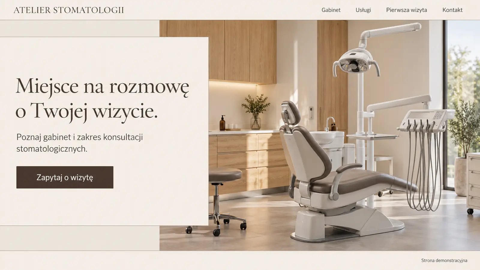Projekt szablonu Premium dla gabinetu stomatologicznego — sekcja Spokojne otwarcie gabinetu