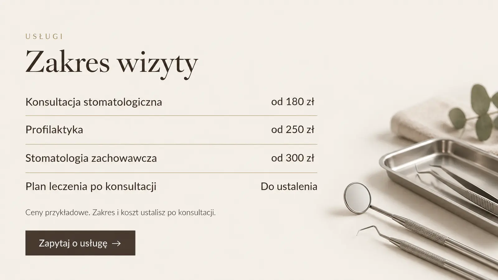 Projekt szablonu Premium dla gabinetu stomatologicznego — sekcja Zakres usług