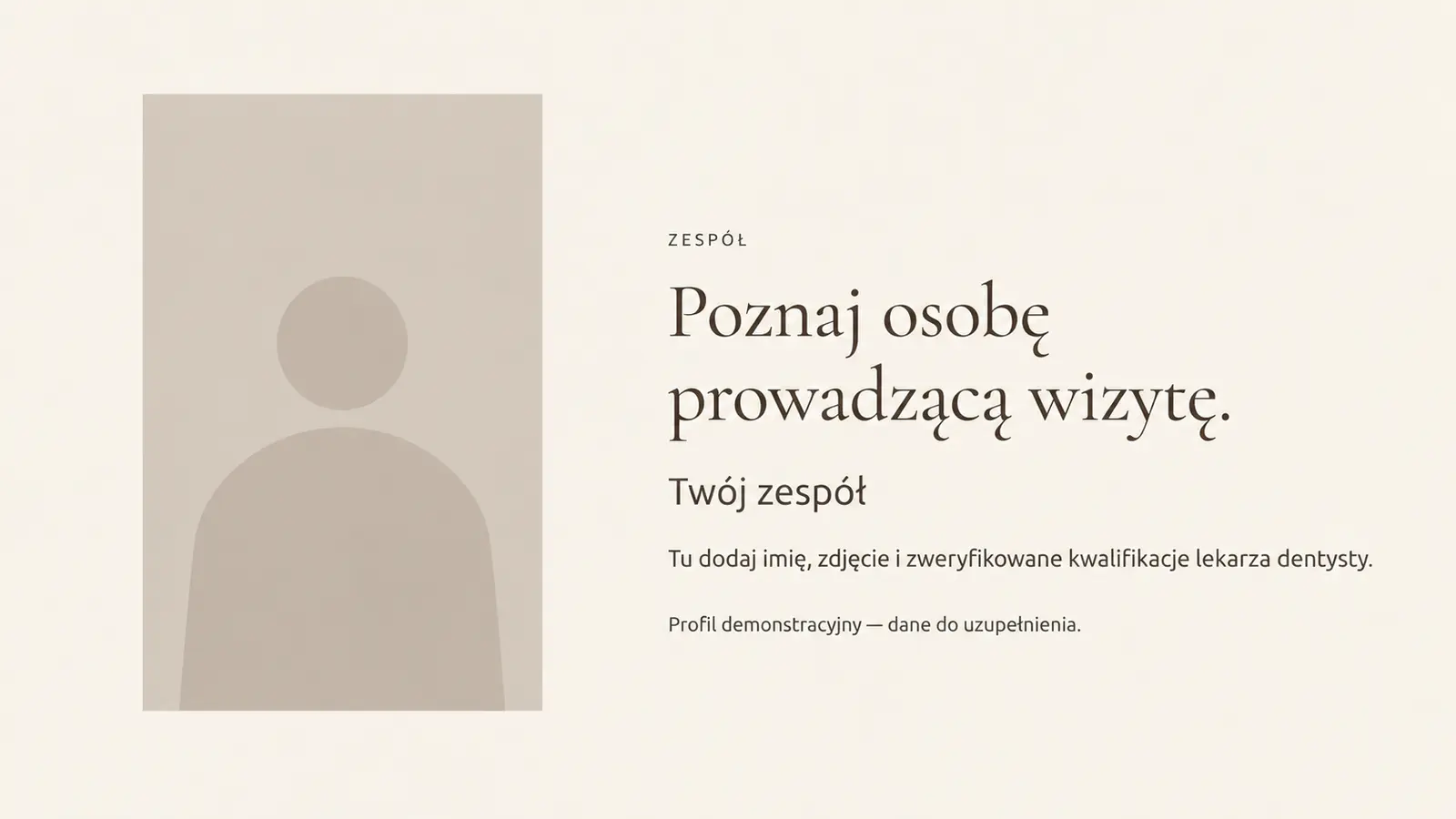 Projekt szablonu Premium dla gabinetu stomatologicznego — sekcja Zespół i kwalifikacje