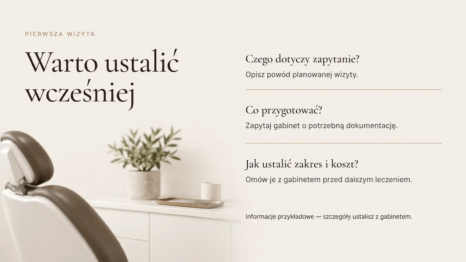 Projekt szablonu Premium dla gabinetu stomatologicznego — sekcja Przed pierwszą wizytą