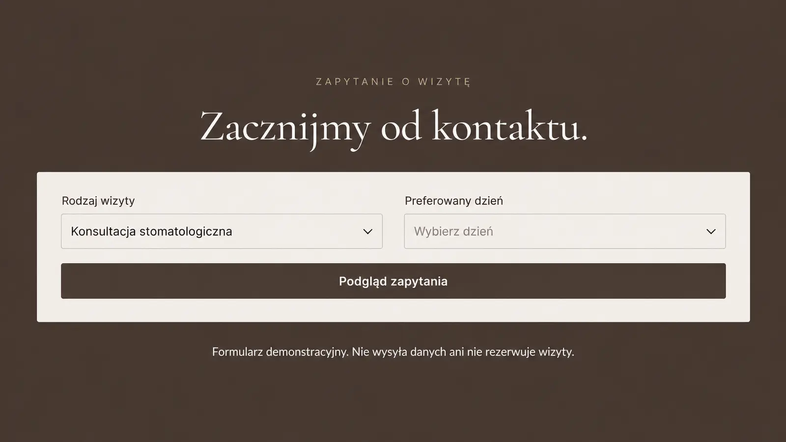 Projekt szablonu Premium dla gabinetu stomatologicznego — sekcja Zapytanie o termin
