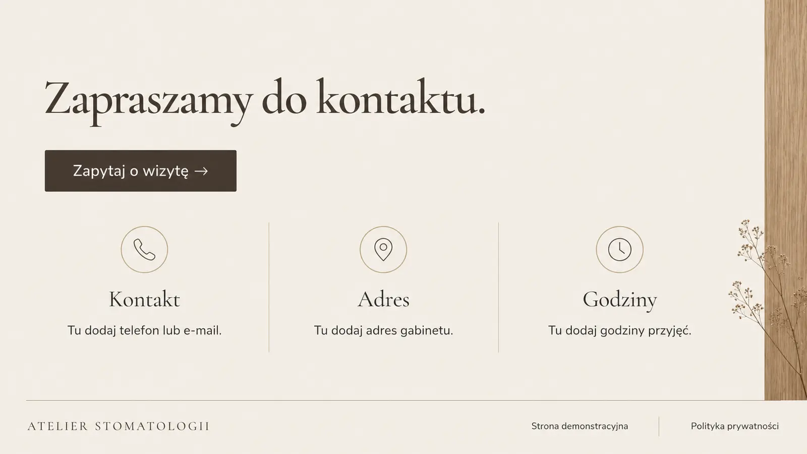 Projekt szablonu Premium dla gabinetu stomatologicznego — sekcja Informacje praktyczne i stopka