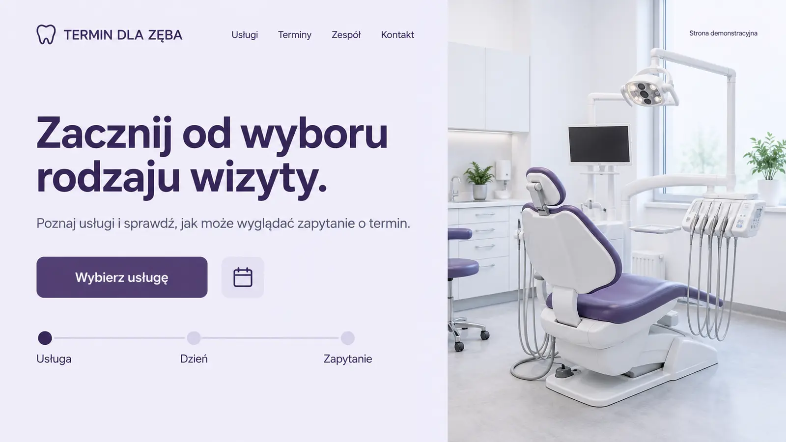 Projekt szablonu Rezerwacje dla gabinetu stomatologicznego — sekcja Wybór wizyty