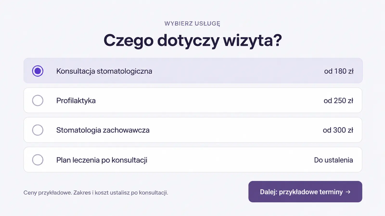 Projekt szablonu Rezerwacje dla gabinetu stomatologicznego — sekcja Lista usług do wyboru