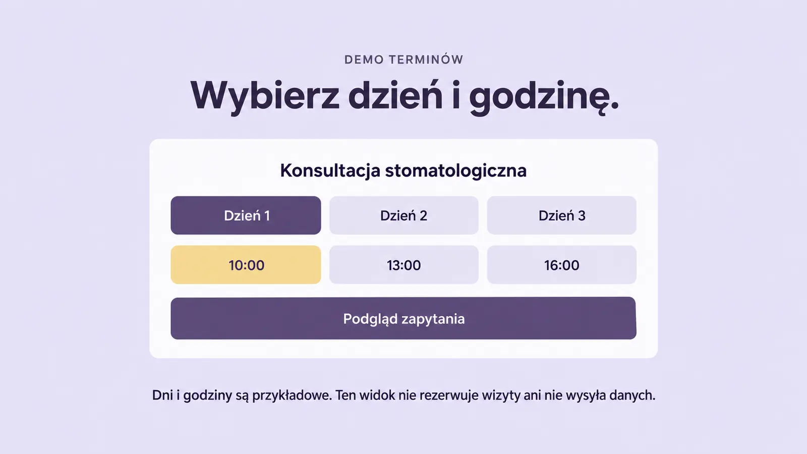 Projekt szablonu Rezerwacje dla gabinetu stomatologicznego — sekcja Wybór terminu