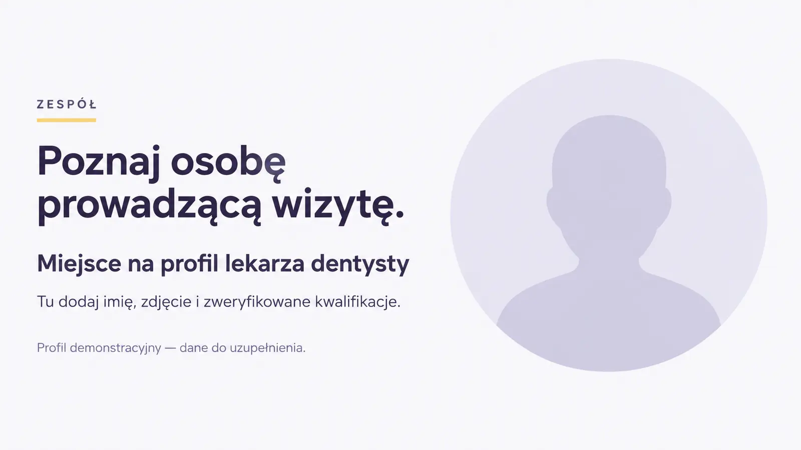Projekt szablonu Rezerwacje dla gabinetu stomatologicznego — sekcja Zespół do uzupełnienia