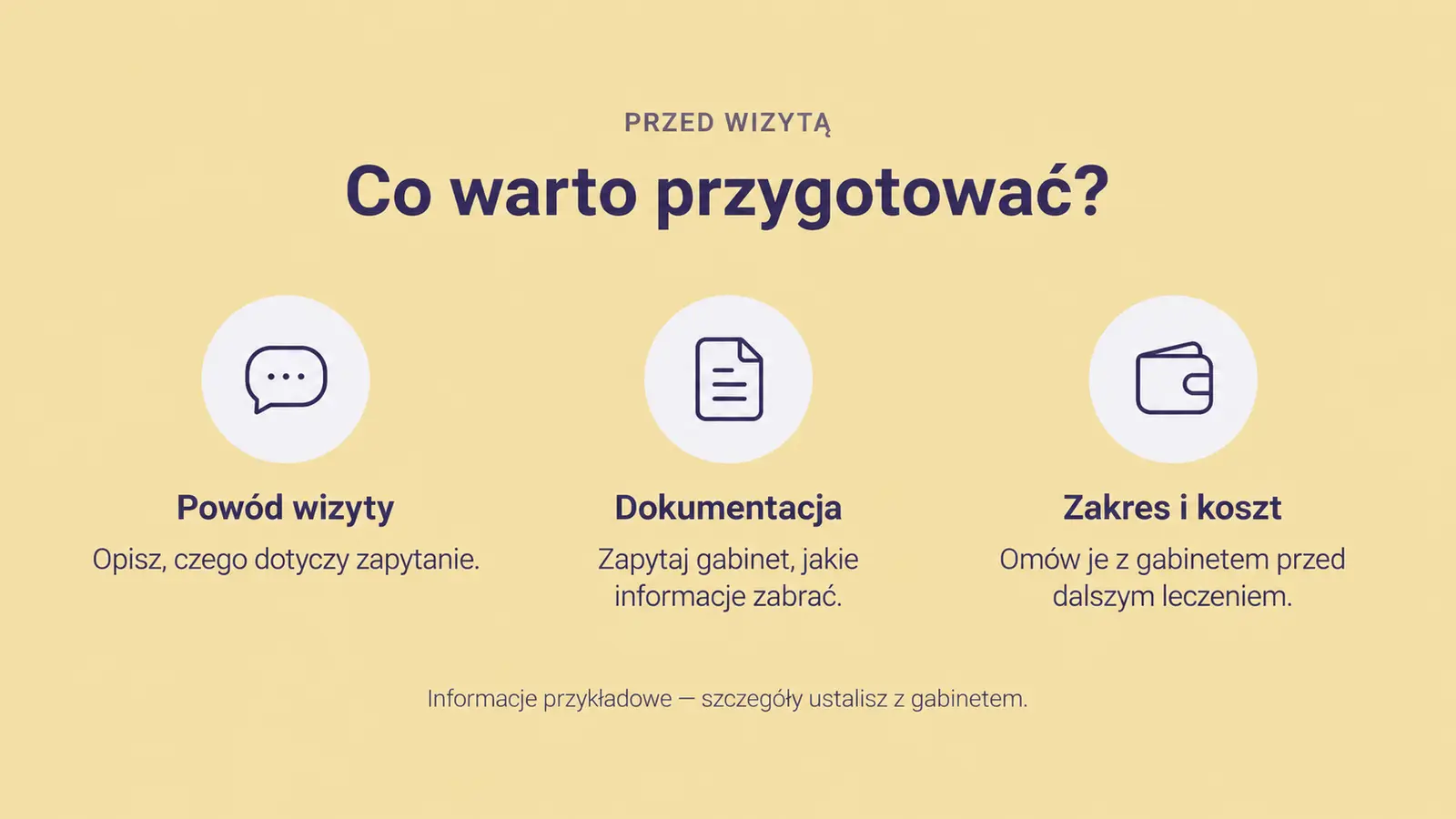 Projekt szablonu Rezerwacje dla gabinetu stomatologicznego — sekcja Informacje przed wizytą
