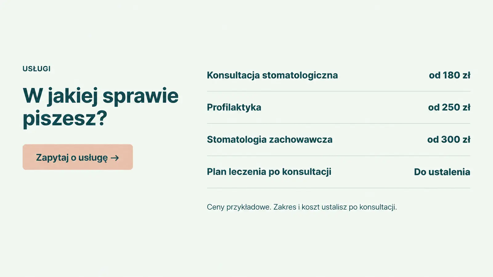 Projekt szablonu Szybki kontakt dla gabinetu stomatologicznego — sekcja Temat kontaktu