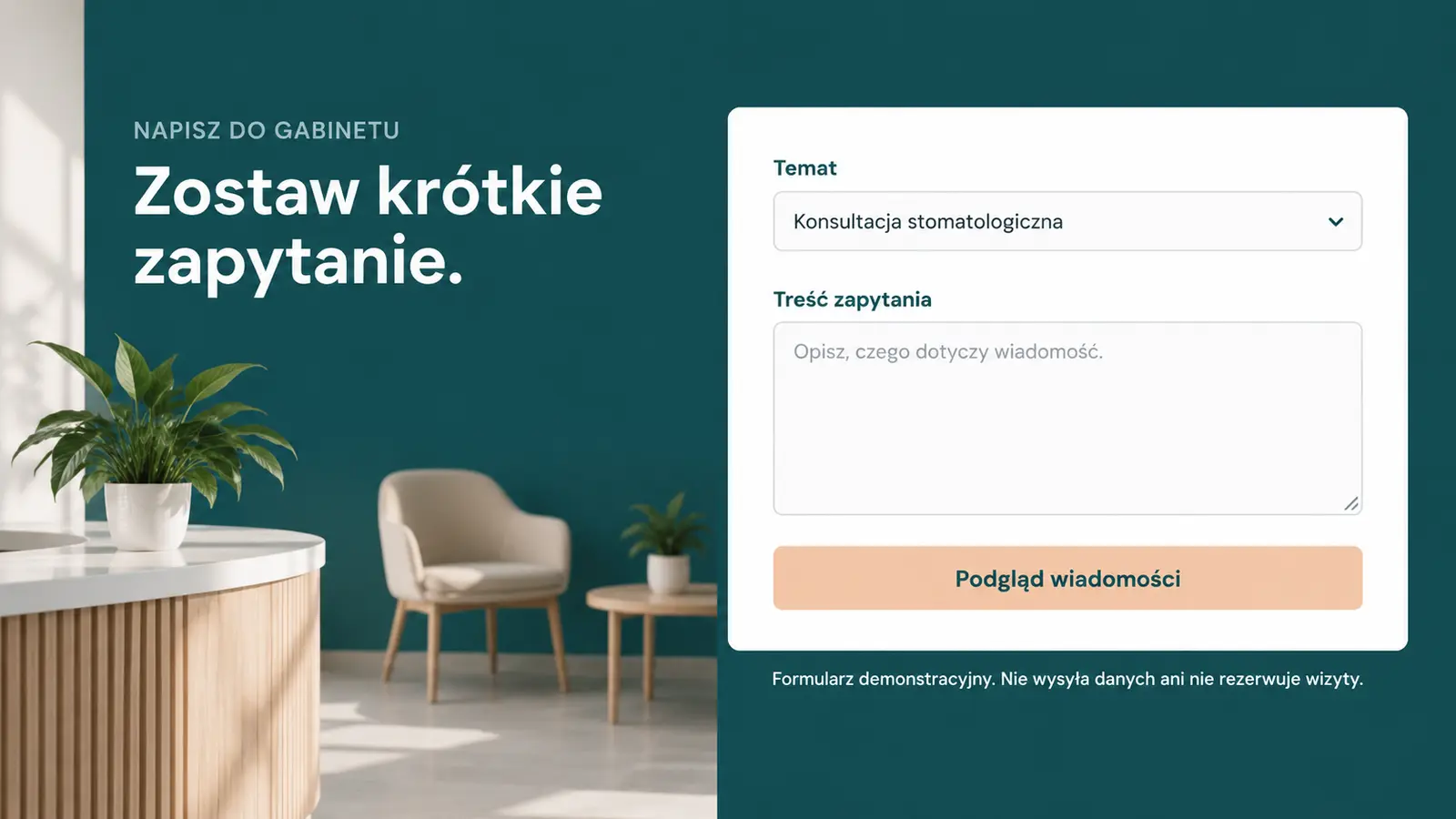 Projekt szablonu Szybki kontakt dla gabinetu stomatologicznego — sekcja Formularz