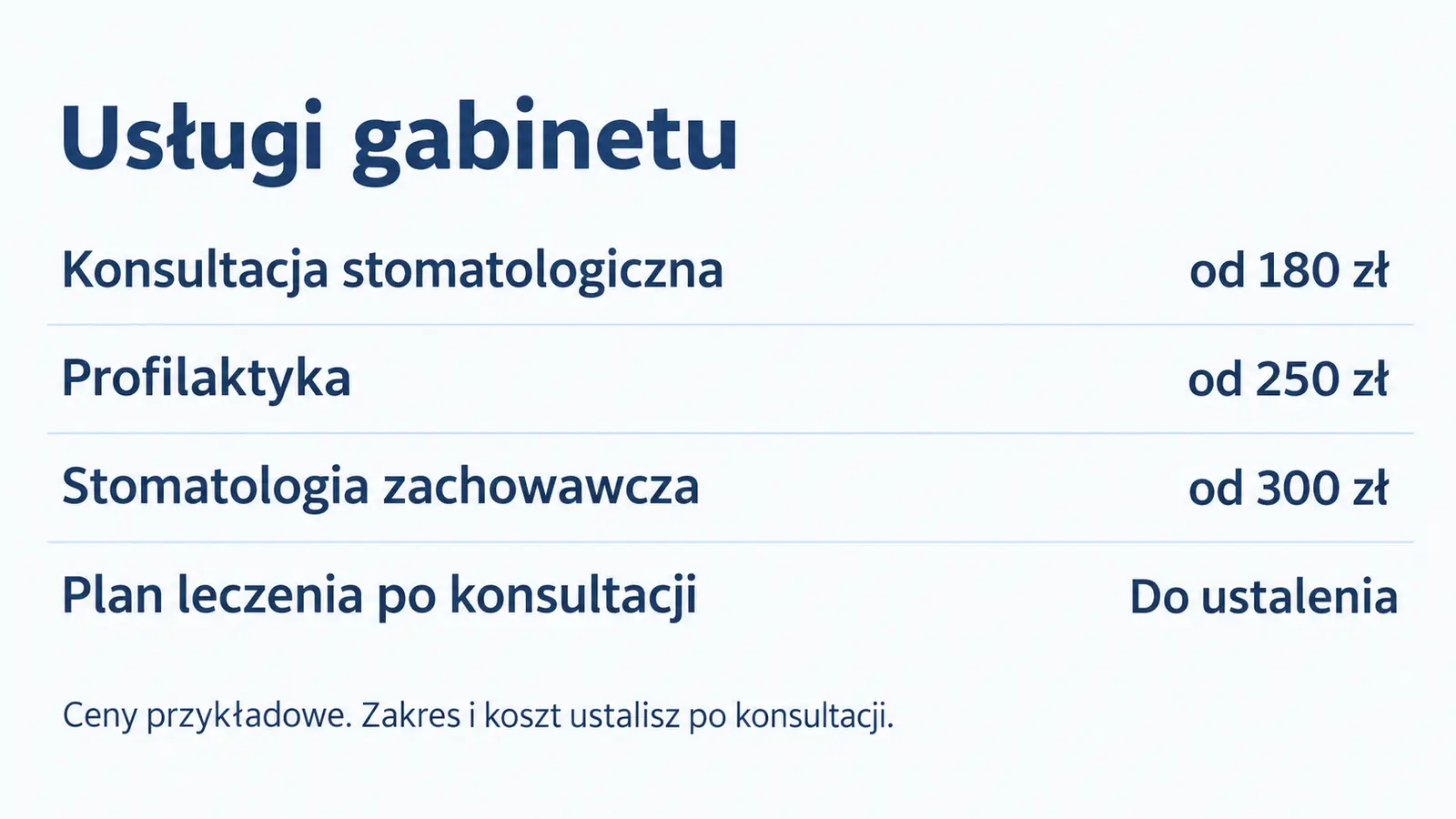 Projekt szablonu Wizytówka dla gabinetu stomatologicznego — sekcja Usługi i ceny