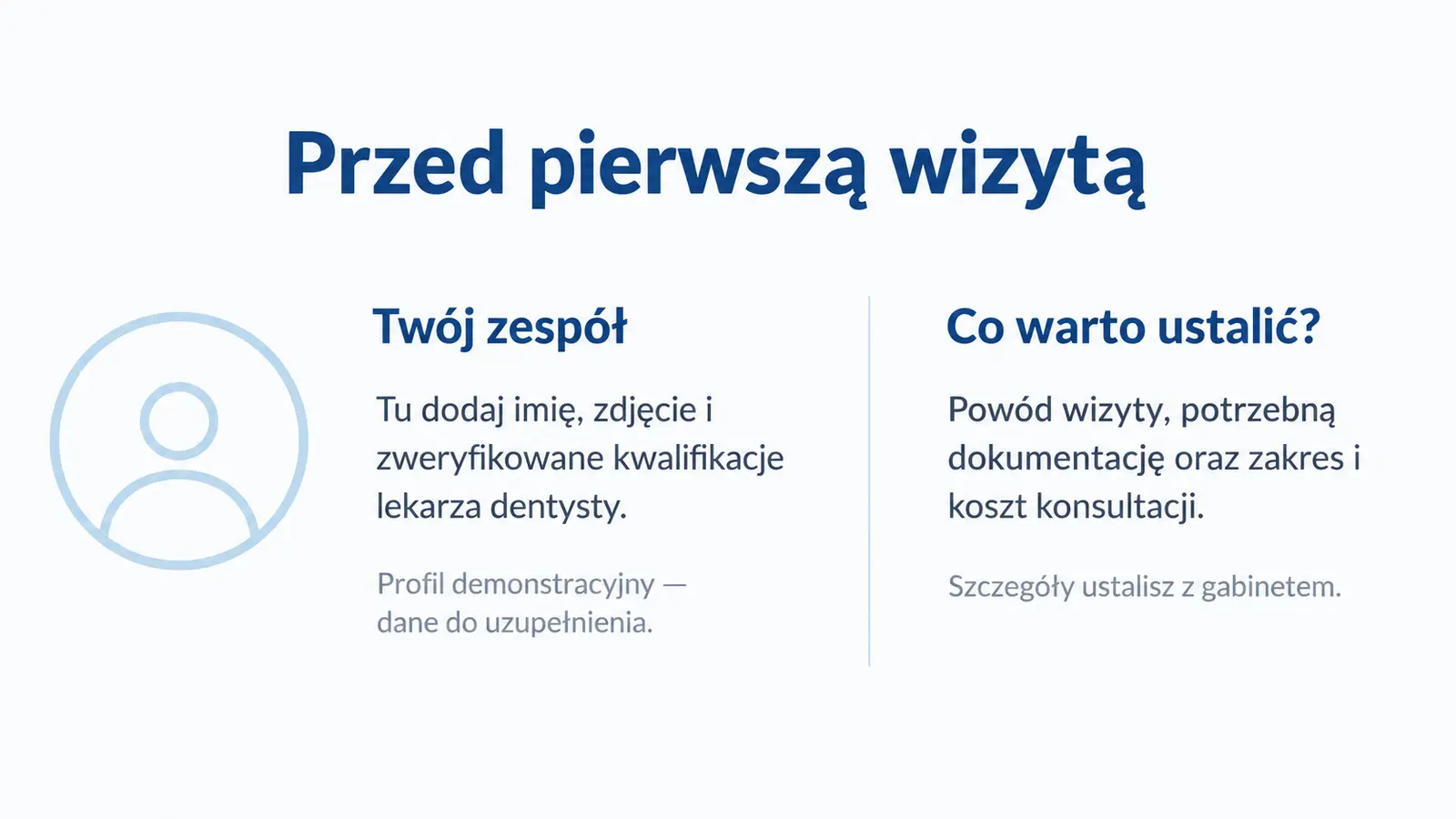 Projekt szablonu Wizytówka dla gabinetu stomatologicznego — sekcja Zespół i pierwsza wizyta