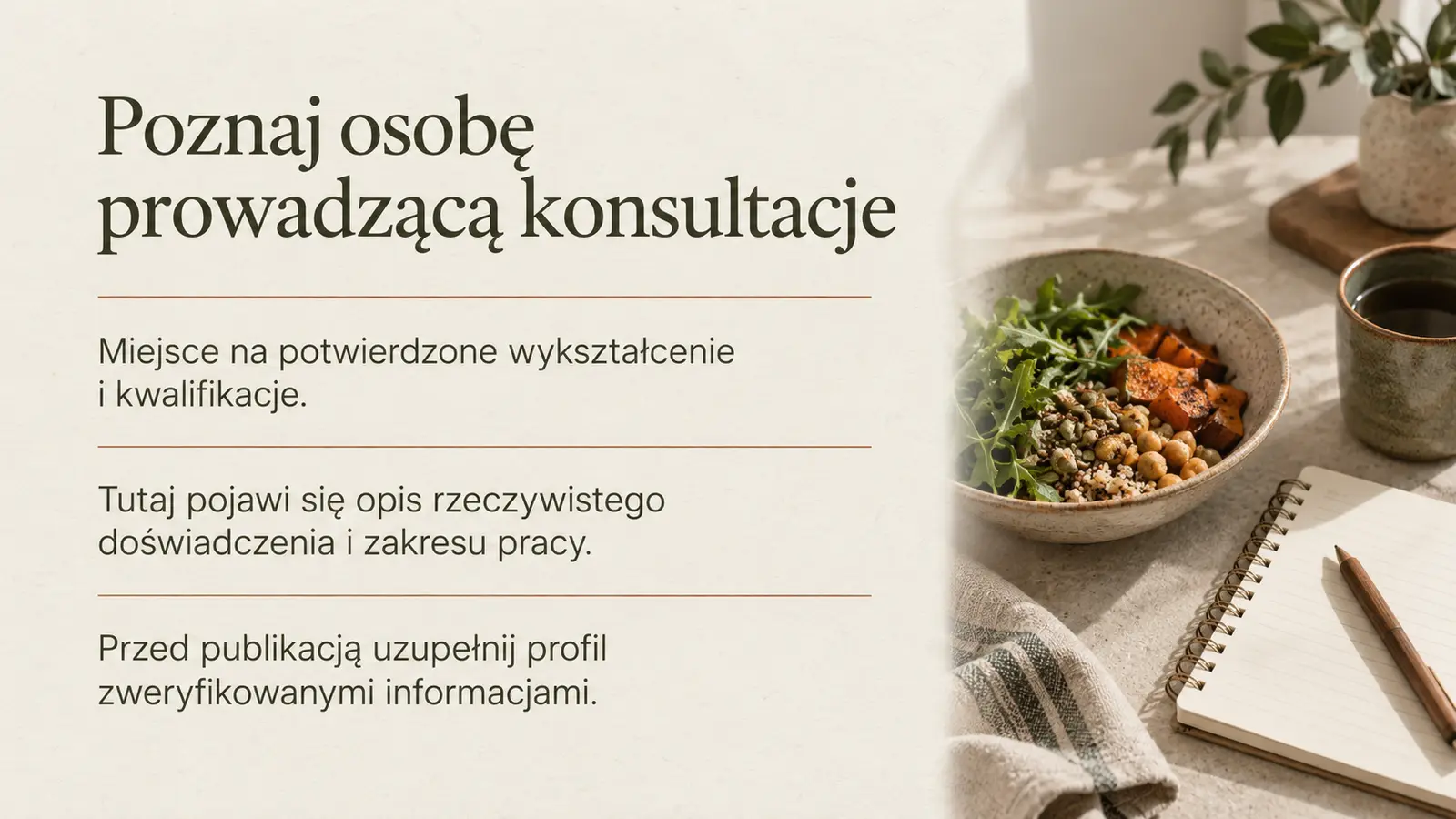 Projekt szablonu Ekspert dla dietetyka — sekcja Profil i kwalifikacje