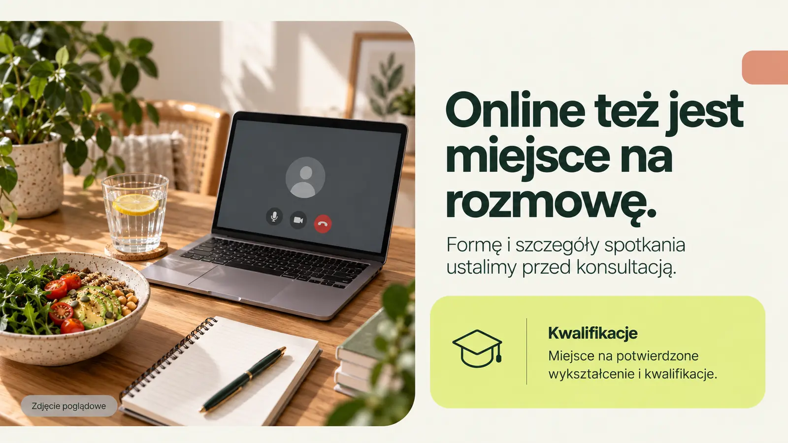 Projekt szablonu Nowoczesny dla dietetyka — sekcja Online i kwalifikacje