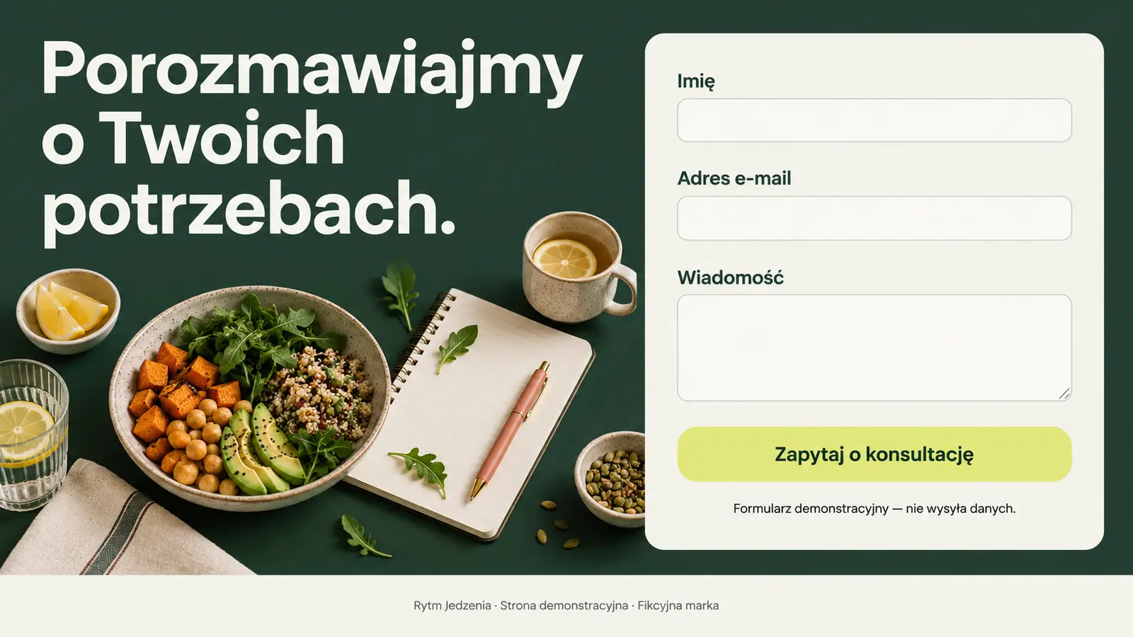 Projekt szablonu Nowoczesny dla dietetyka — sekcja Kontakt