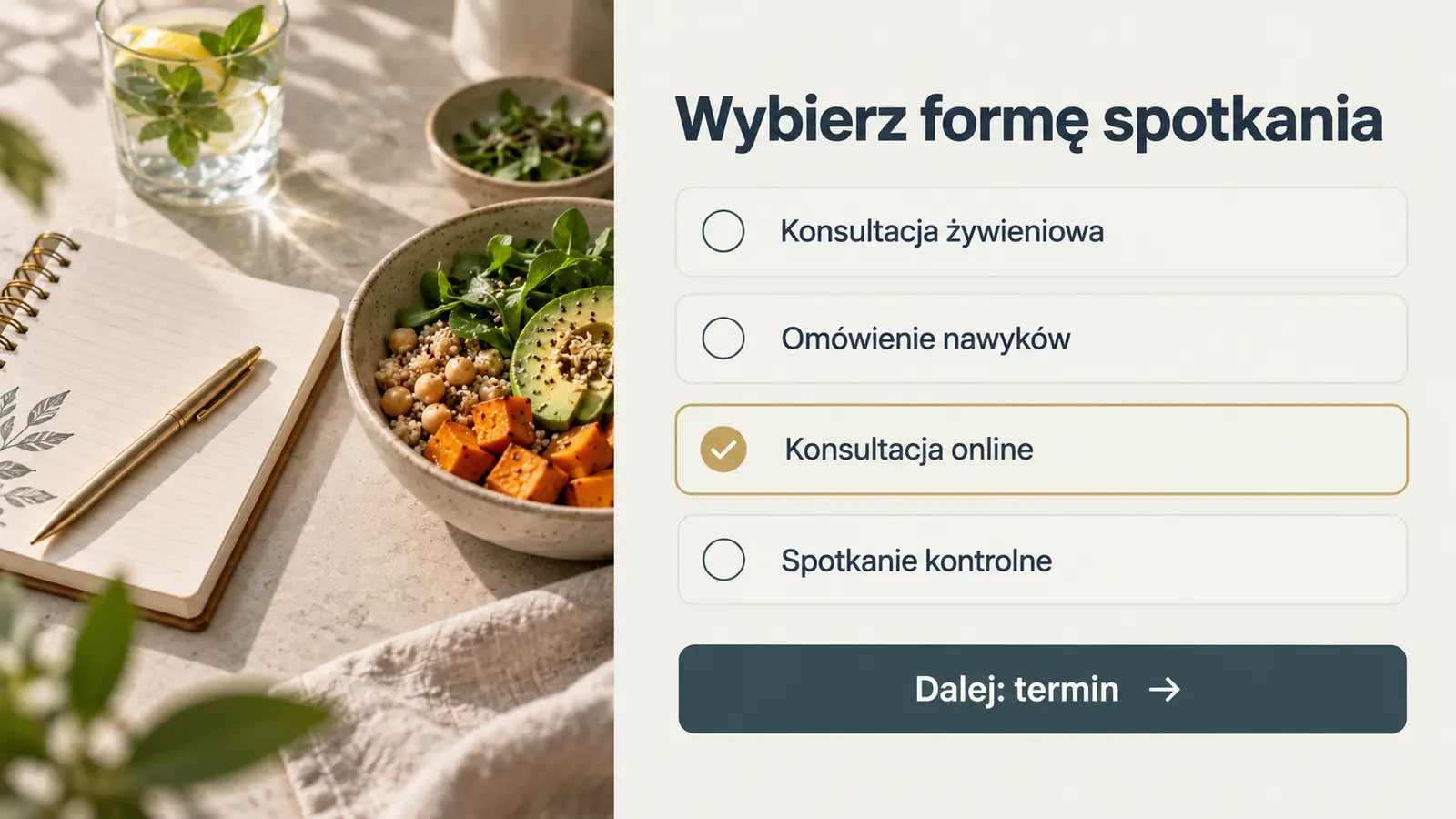 Projekt szablonu Rezerwacje dla dietetyka — sekcja Wybierz konsultację
