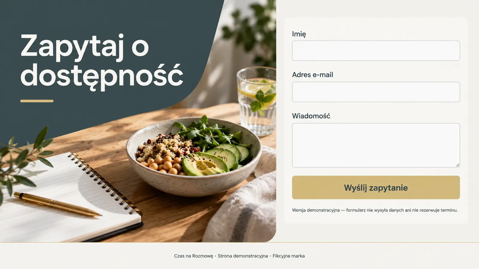 Projekt szablonu Rezerwacje dla dietetyka — sekcja Zapytaj o termin