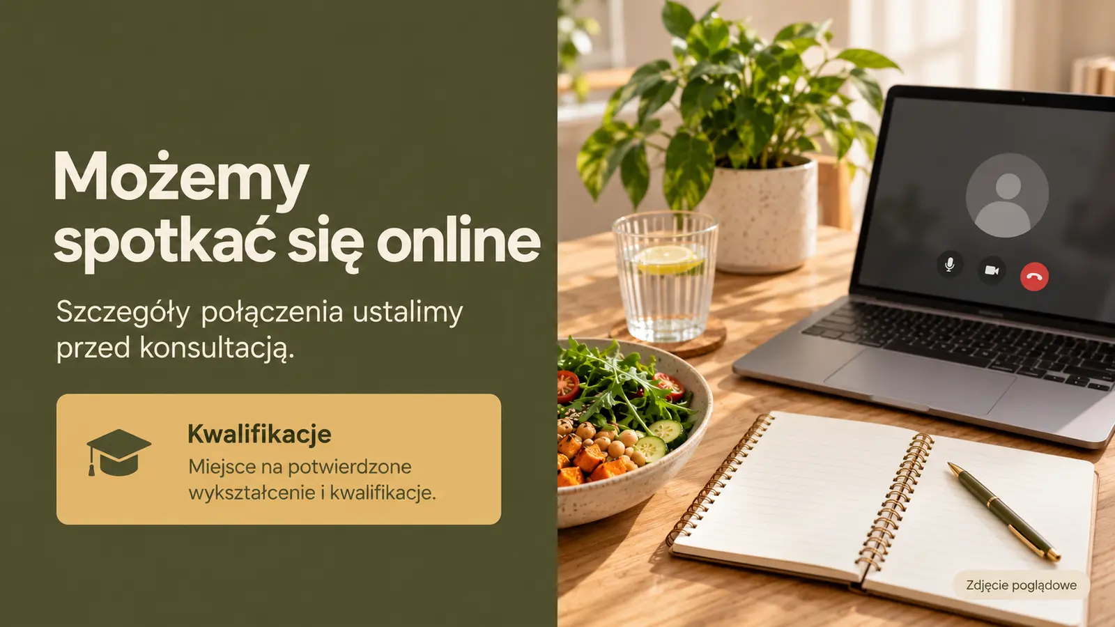 Projekt szablonu Wizytówka dla dietetyka — sekcja Online i kwalifikacje