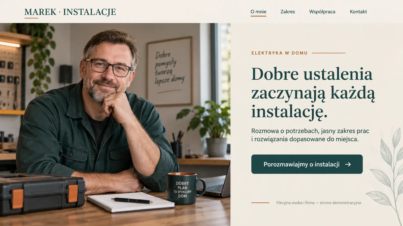 Projekt szablonu Ekspert dla elektryka — sekcja Profil wykonawcy