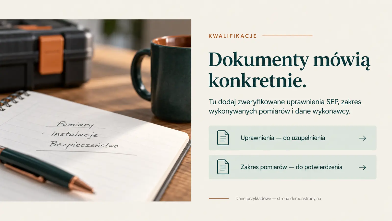 Projekt szablonu Ekspert dla elektryka — sekcja Kwalifikacje do uzupełnienia