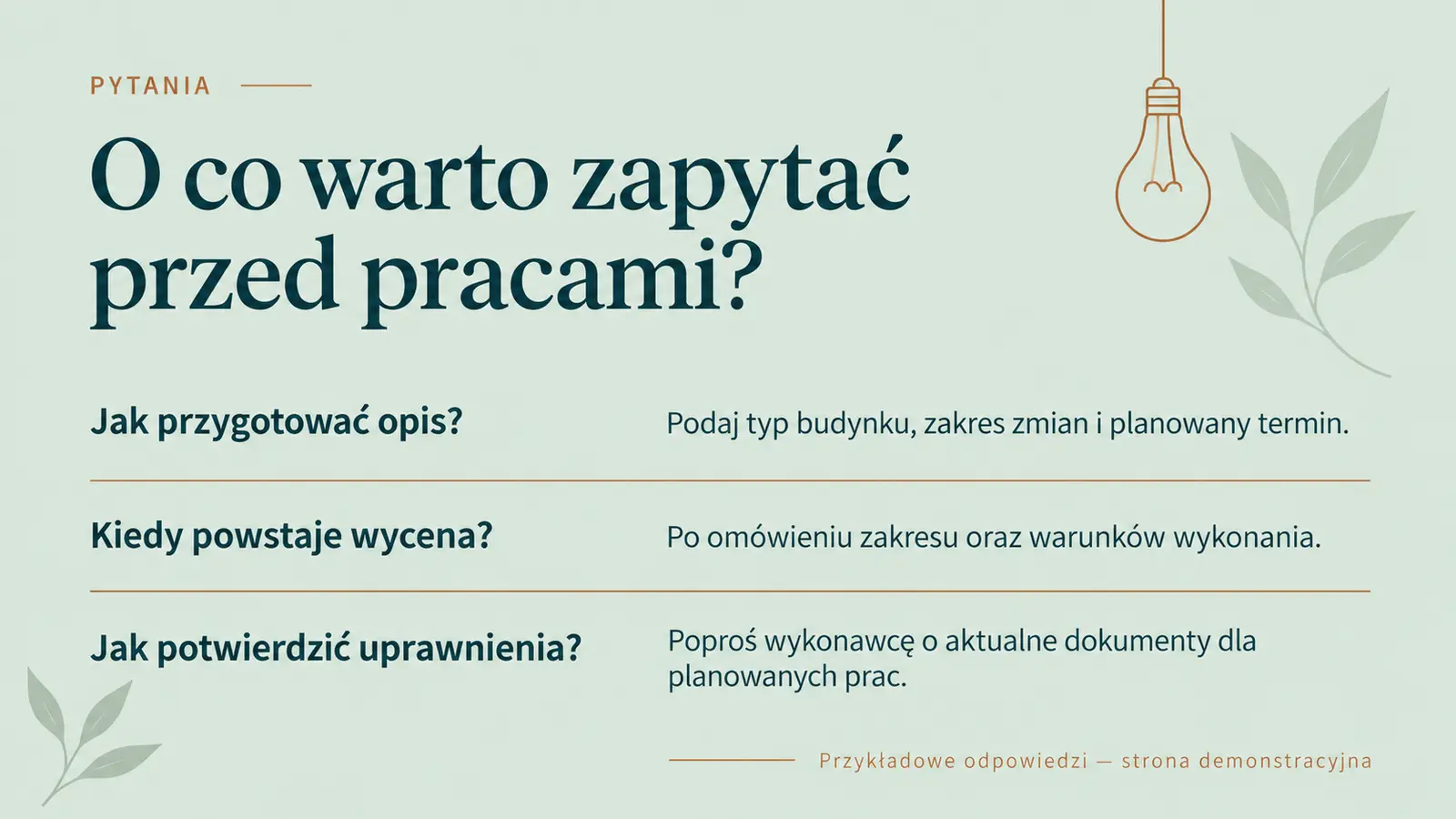 Projekt szablonu Ekspert dla elektryka — sekcja Pytania do wykonawcy