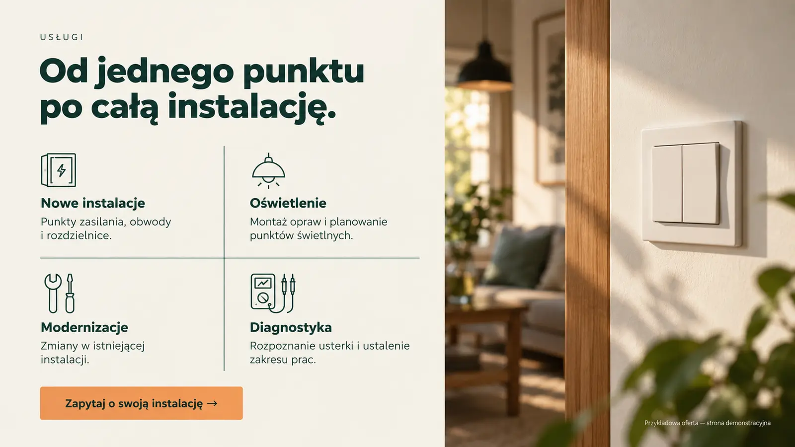 Projekt szablonu Klasyczny dla elektryka — sekcja Zakres usług