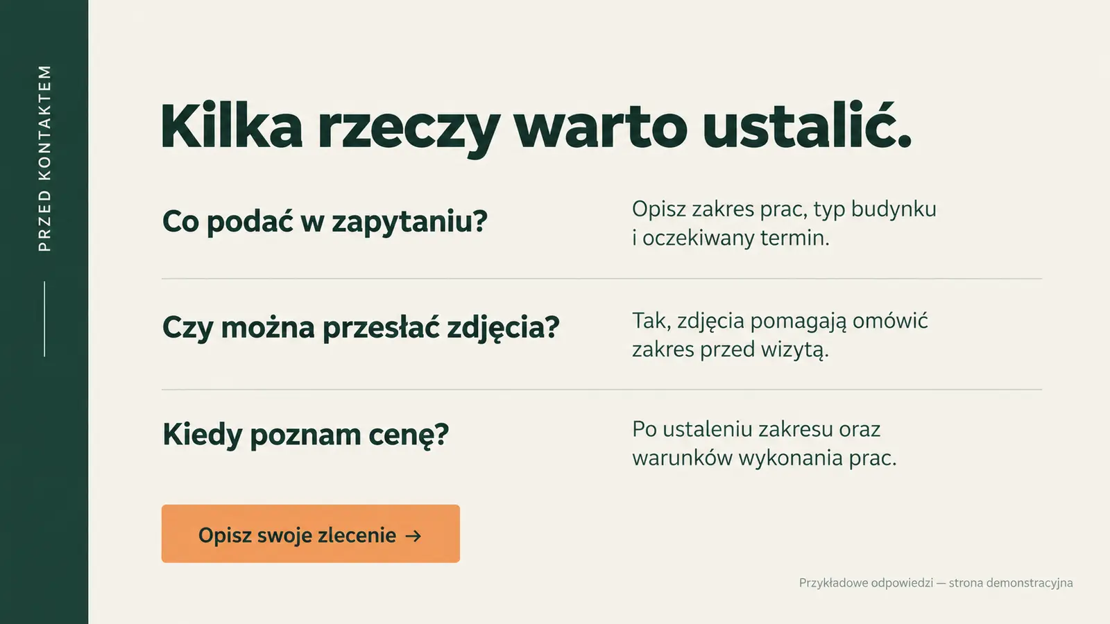 Projekt szablonu Klasyczny dla elektryka — sekcja Pytania przed wyceną
