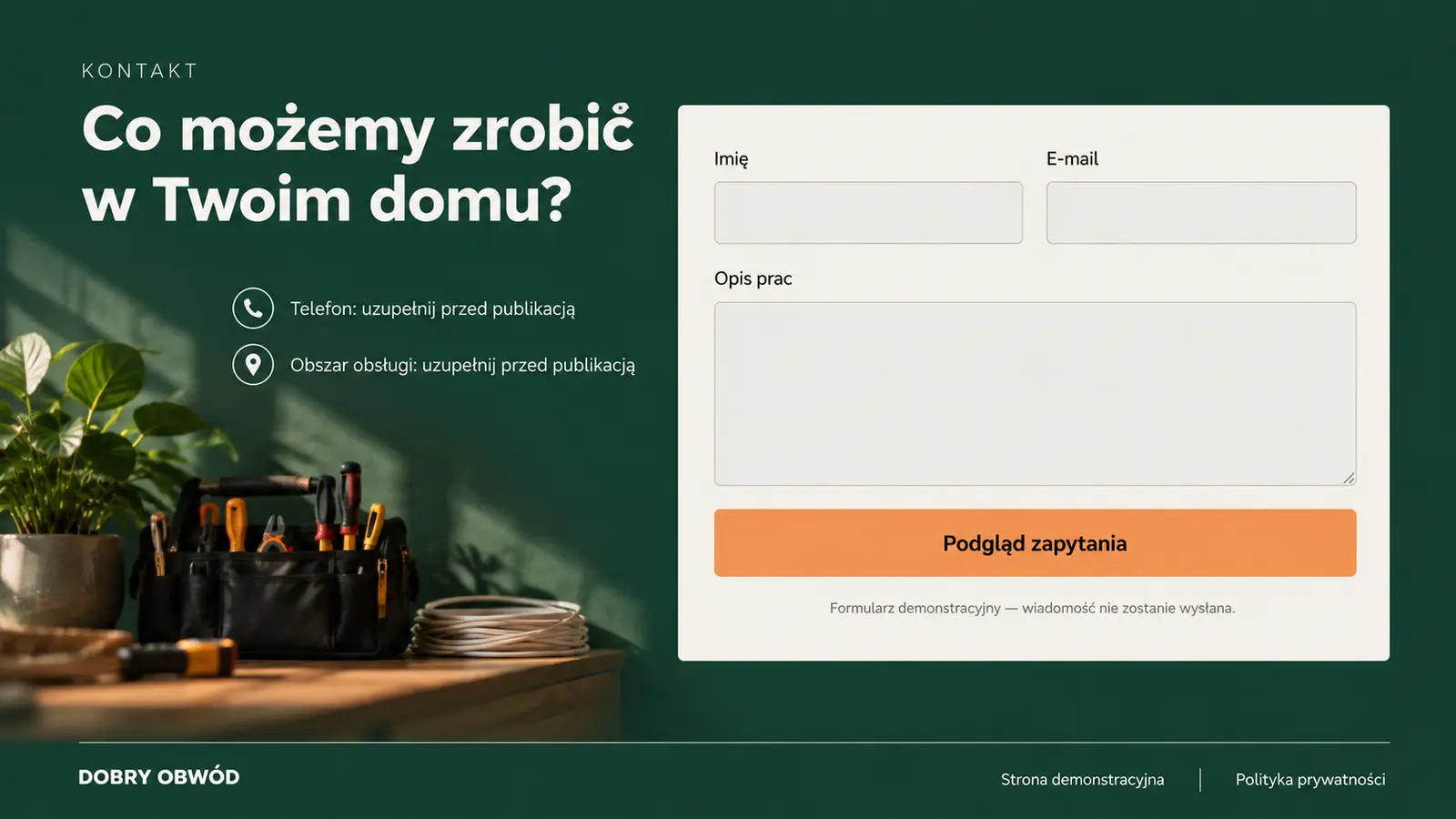 Projekt szablonu Klasyczny dla elektryka — sekcja Zapytanie i stopka