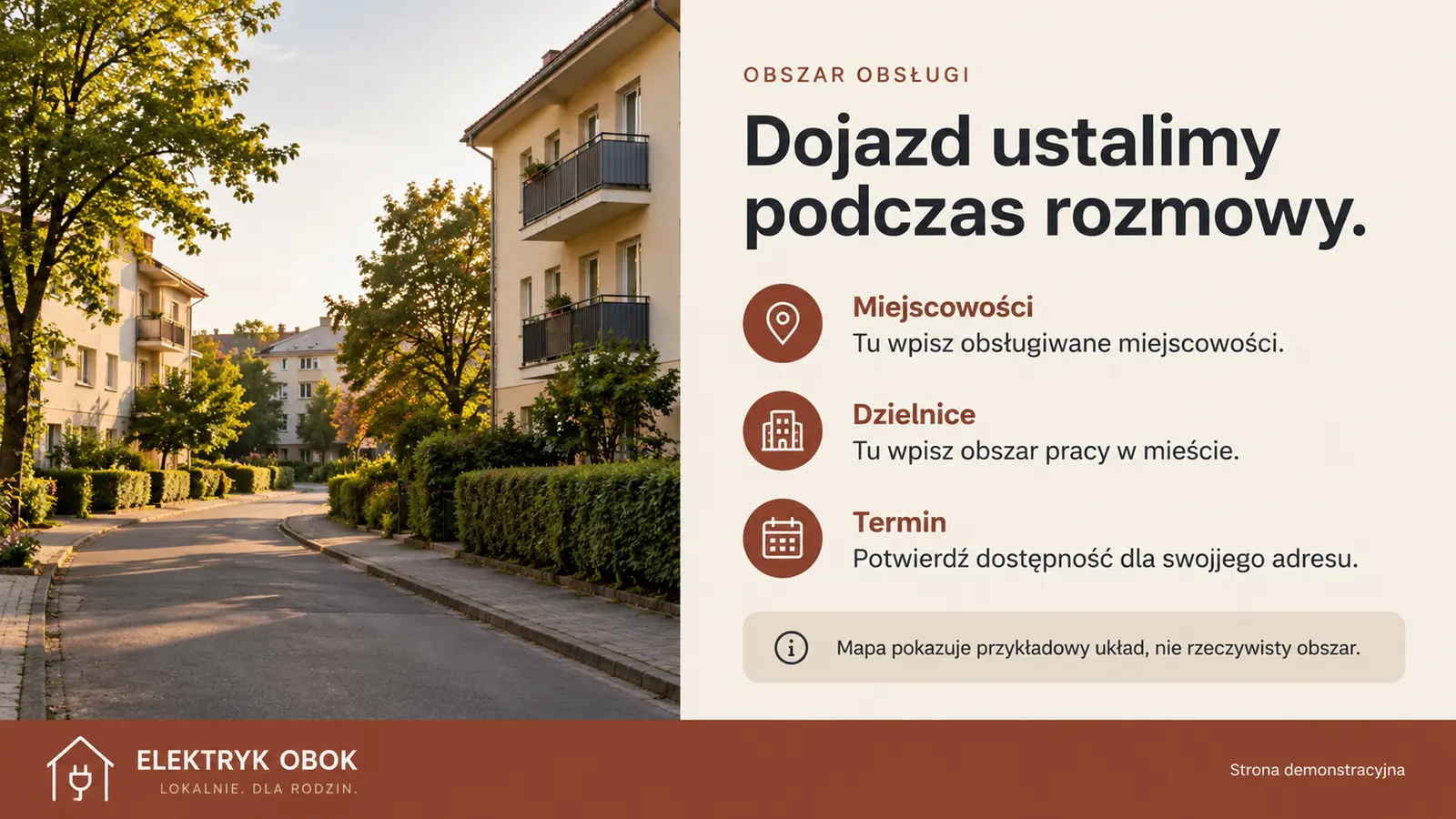 Projekt szablonu Lokalny dla elektryka — sekcja Dojazd i miejsce prac