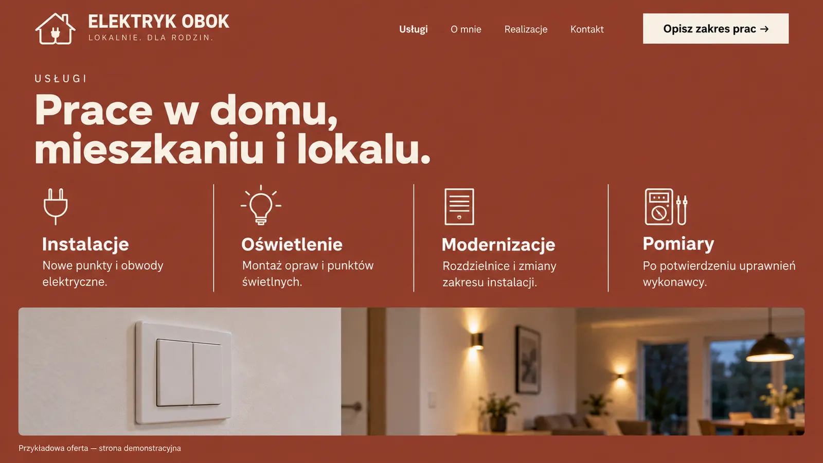 Projekt szablonu Lokalny dla elektryka — sekcja Usługi na miejscu