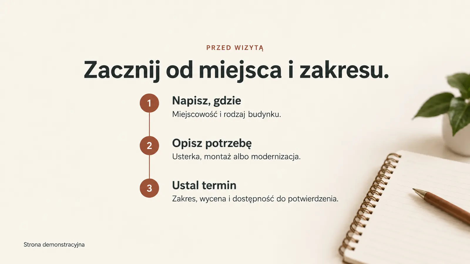 Projekt szablonu Lokalny dla elektryka — sekcja Przygotowanie wizyty