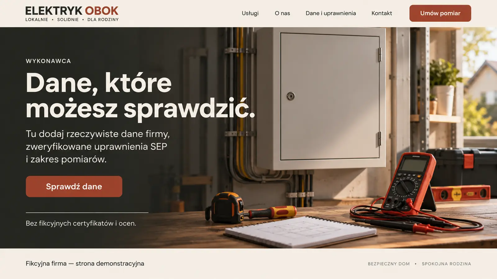 Projekt szablonu Lokalny dla elektryka — sekcja Wykonawca i dokumenty