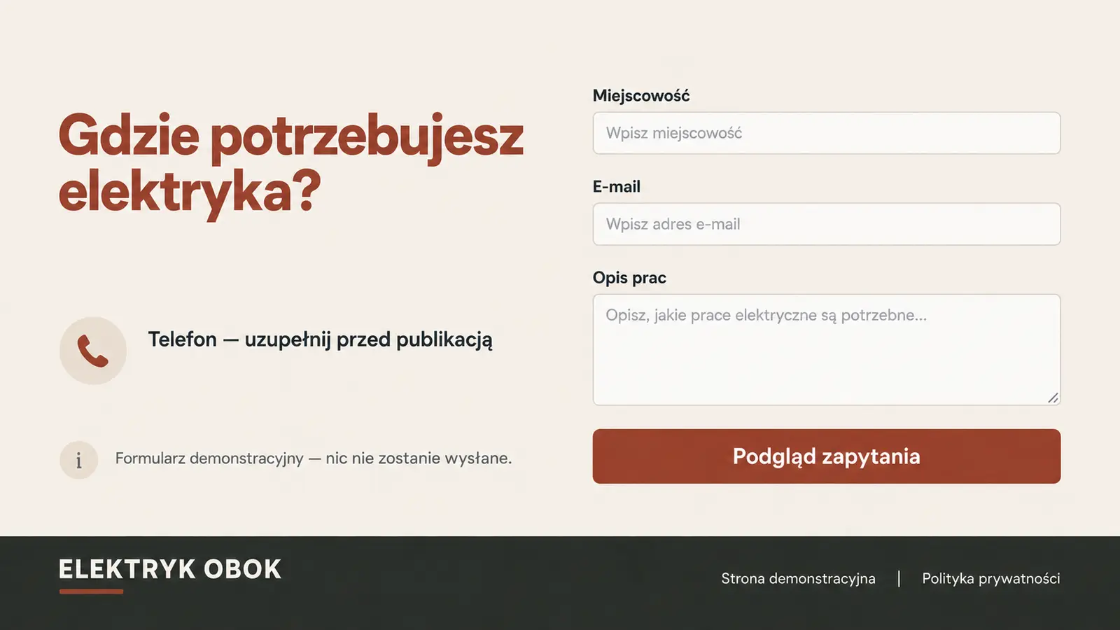 Projekt szablonu Lokalny dla elektryka — sekcja Zapytanie lokalne