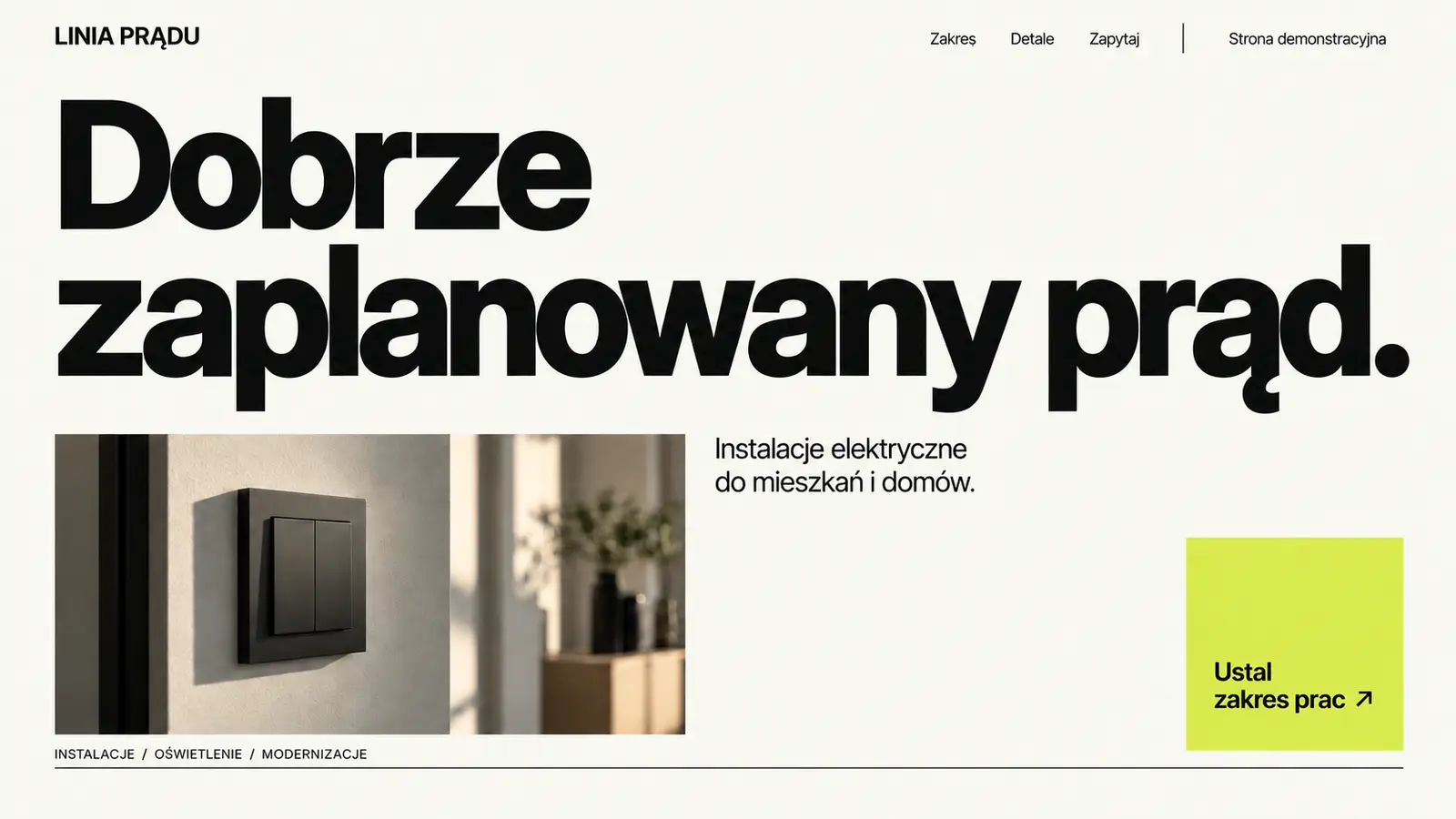 Projekt szablonu Nowoczesny dla elektryka — sekcja Typograficzne otwarcie