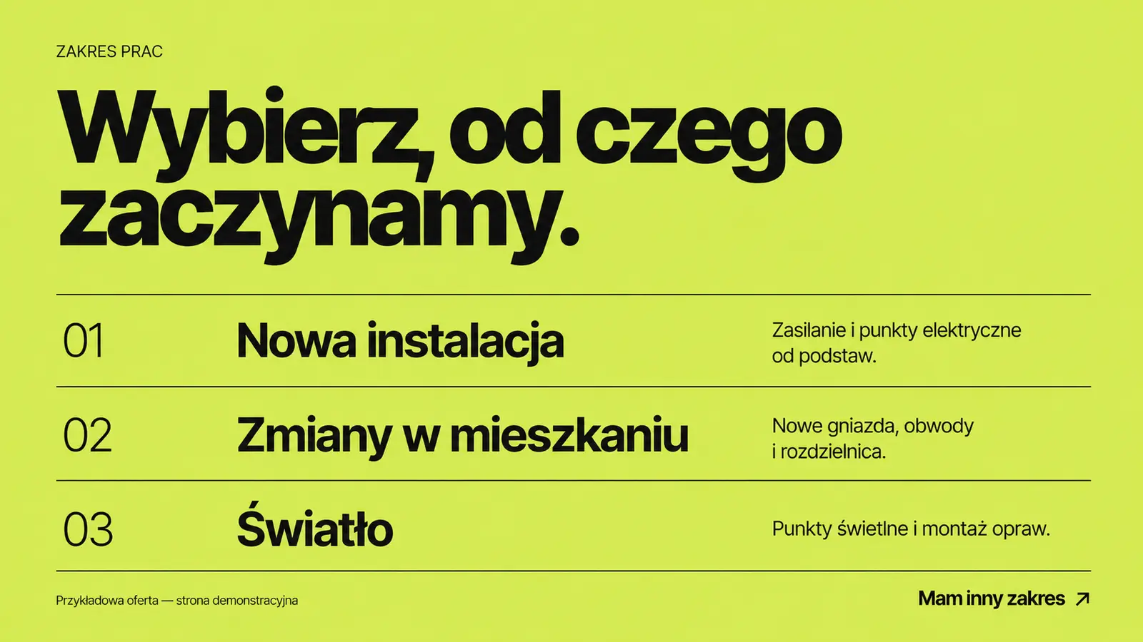 Projekt szablonu Nowoczesny dla elektryka — sekcja Lista usług