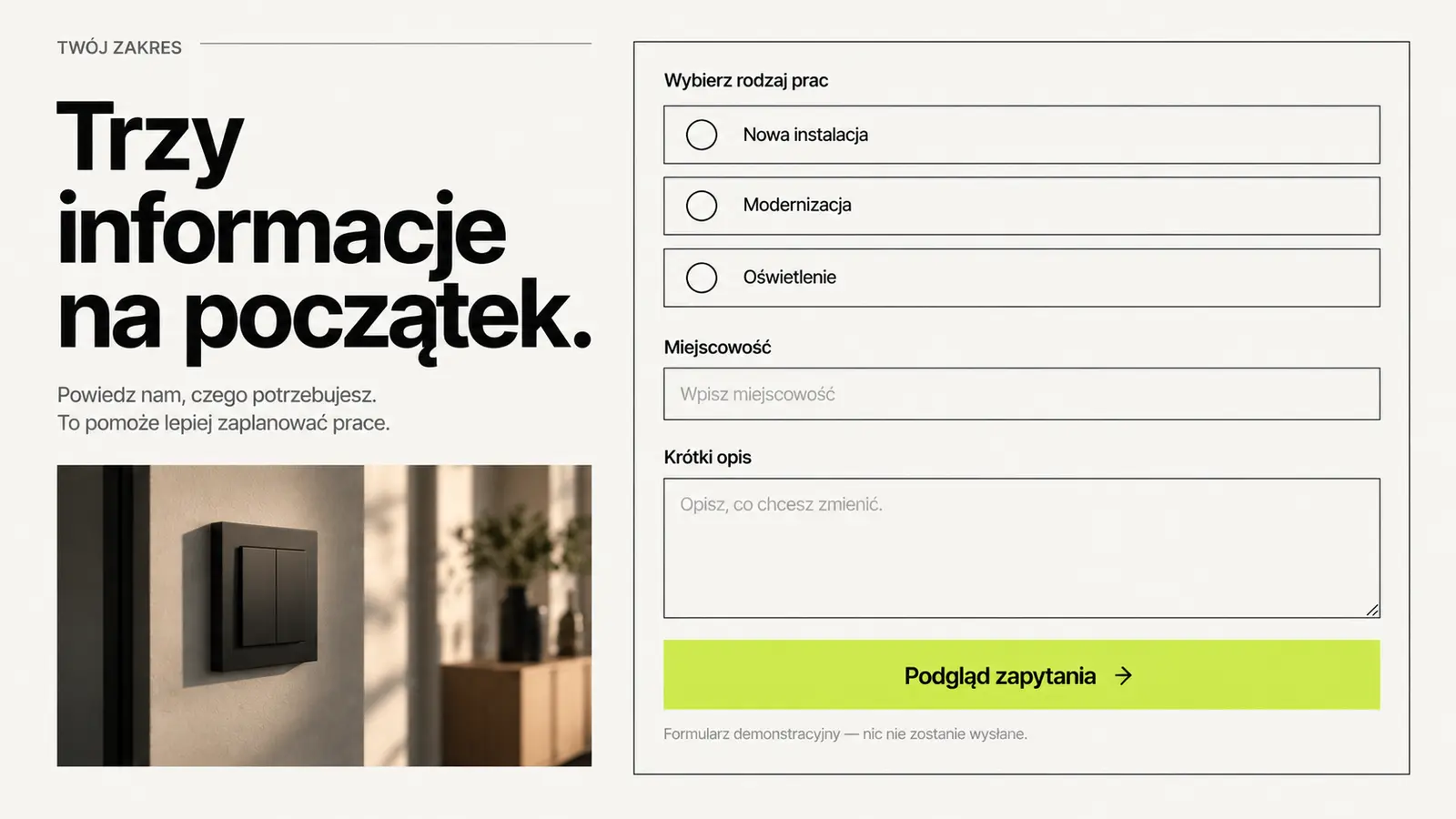 Projekt szablonu Nowoczesny dla elektryka — sekcja Wybór rodzaju prac