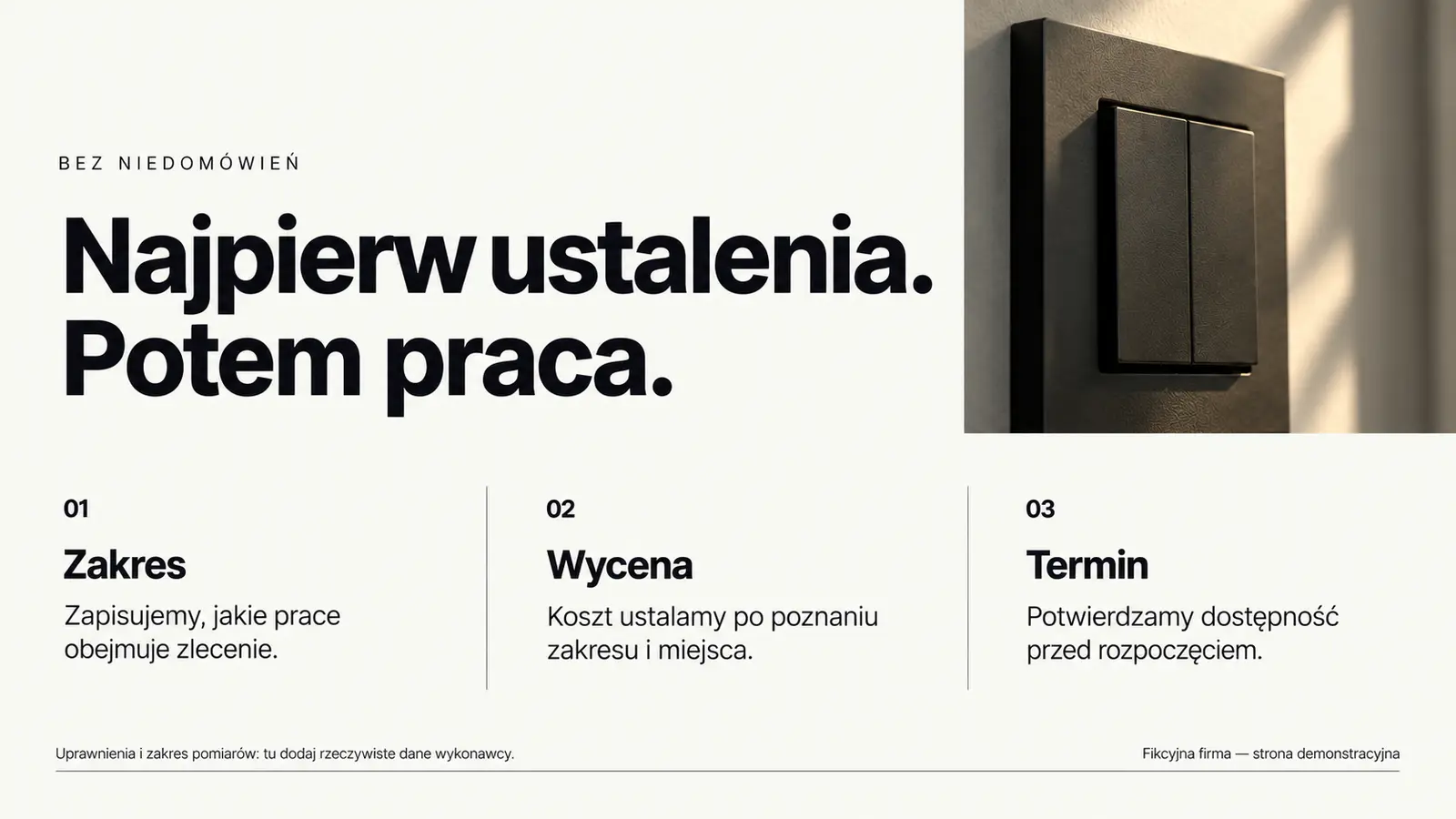 Projekt szablonu Nowoczesny dla elektryka — sekcja Warunki przed pracami