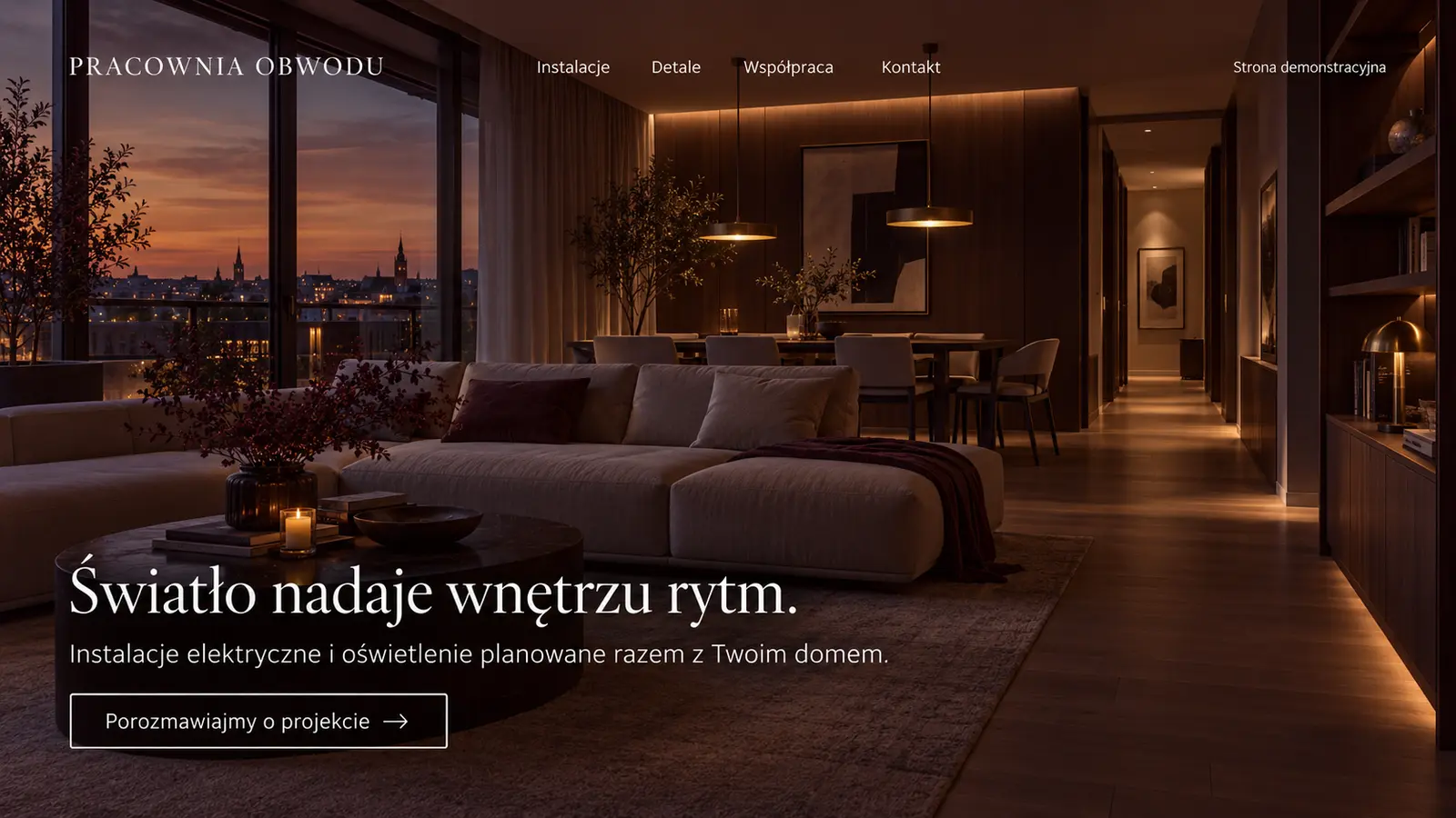 Projekt szablonu Premium dla elektryka — sekcja Światło we wnętrzu