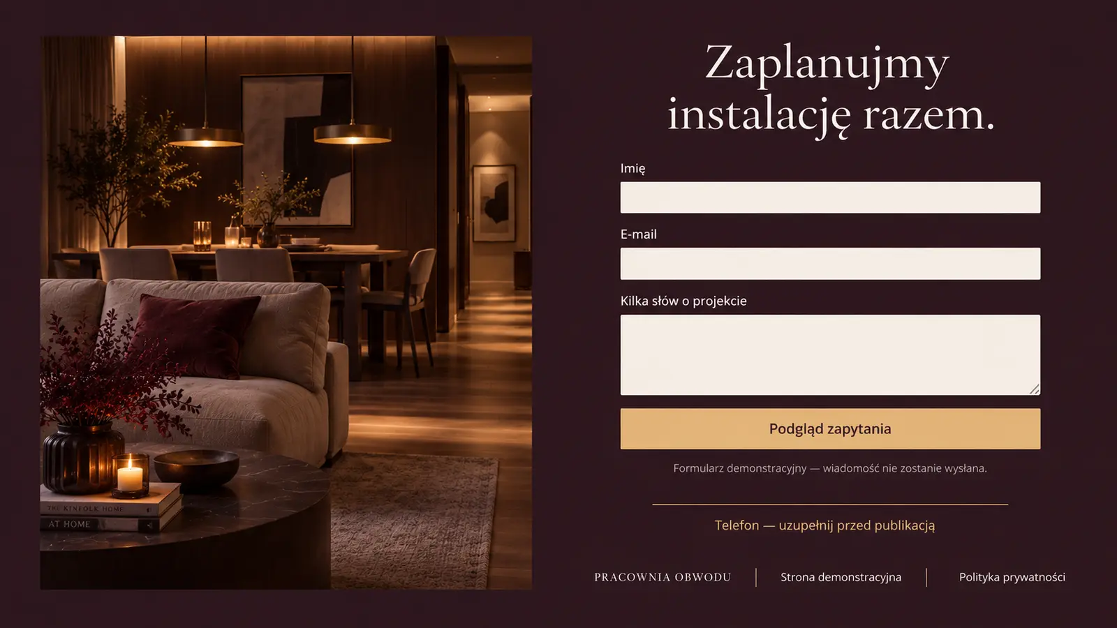 Projekt szablonu Premium dla elektryka — sekcja Zapytanie o projekt