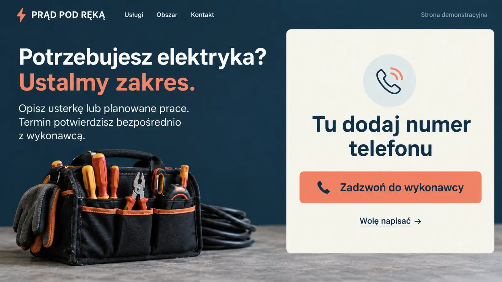 Projekt szablonu Szybki kontakt dla elektryka — sekcja Kontakt od pierwszego ekranu
