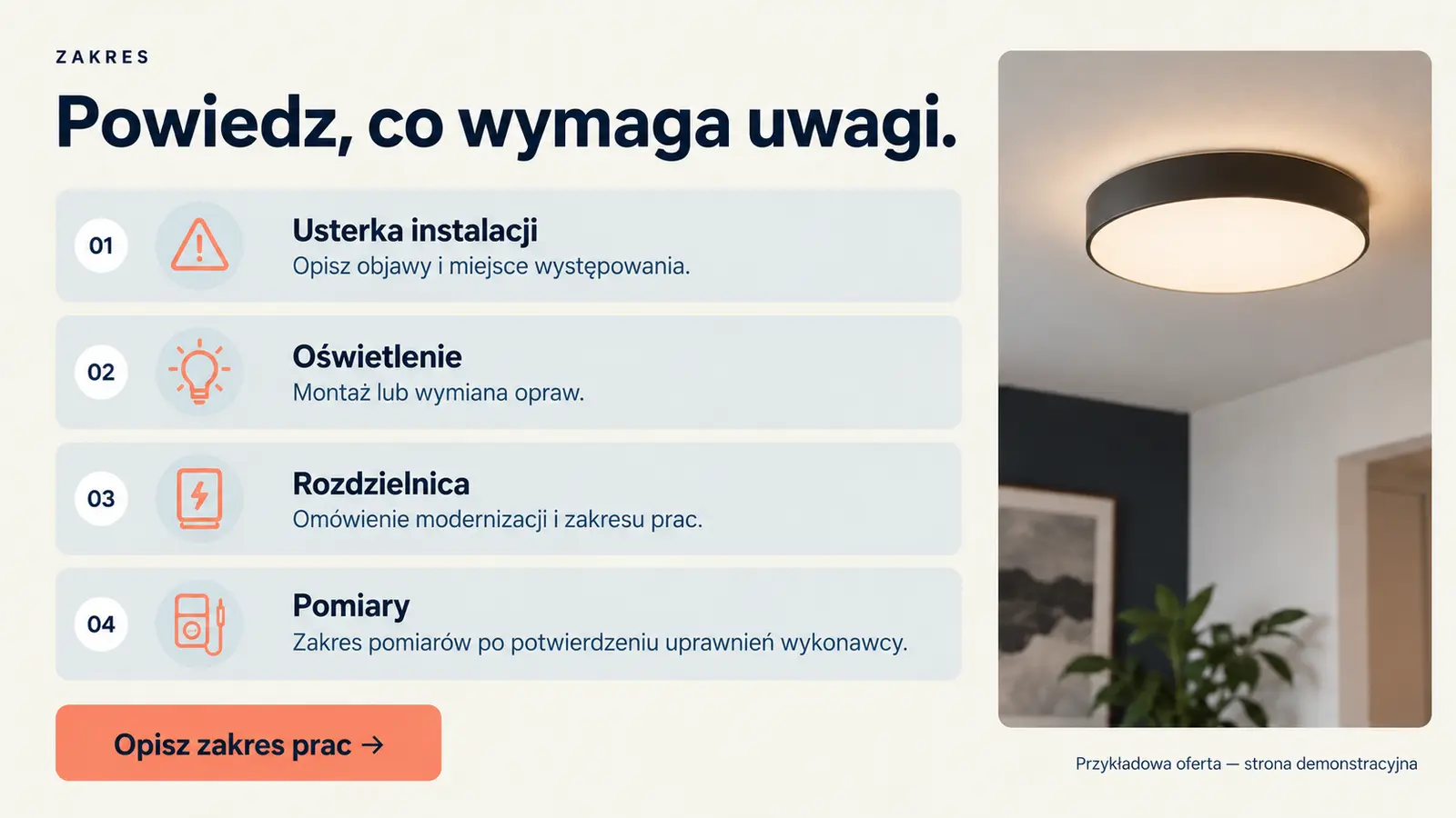 Projekt szablonu Szybki kontakt dla elektryka — sekcja W czym pomożemy