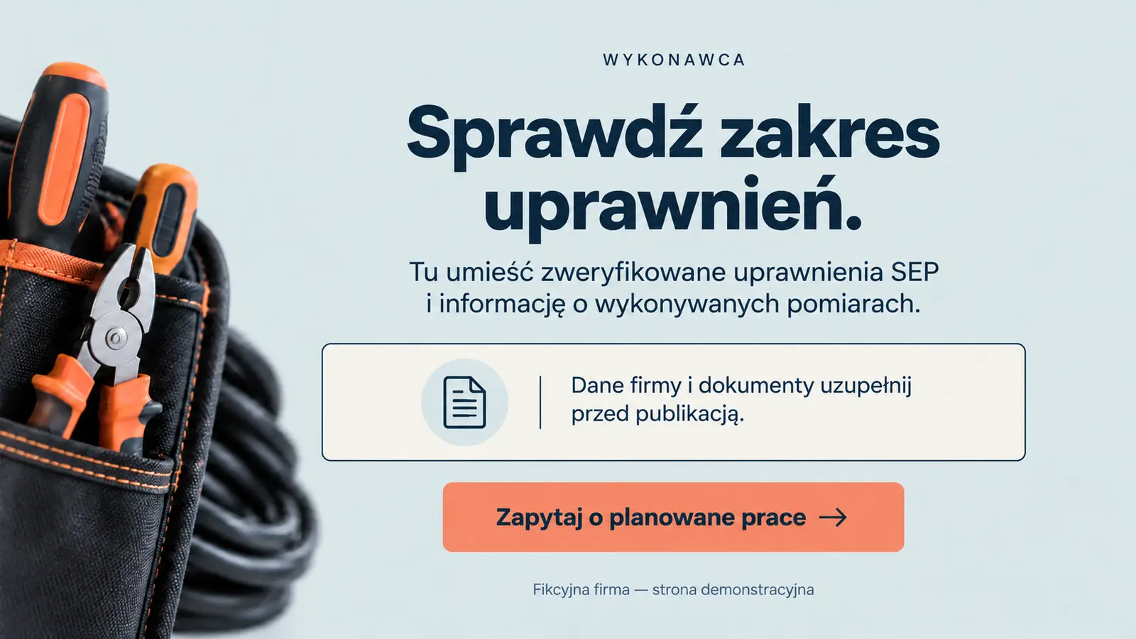 Projekt szablonu Szybki kontakt dla elektryka — sekcja Dane wykonawcy
