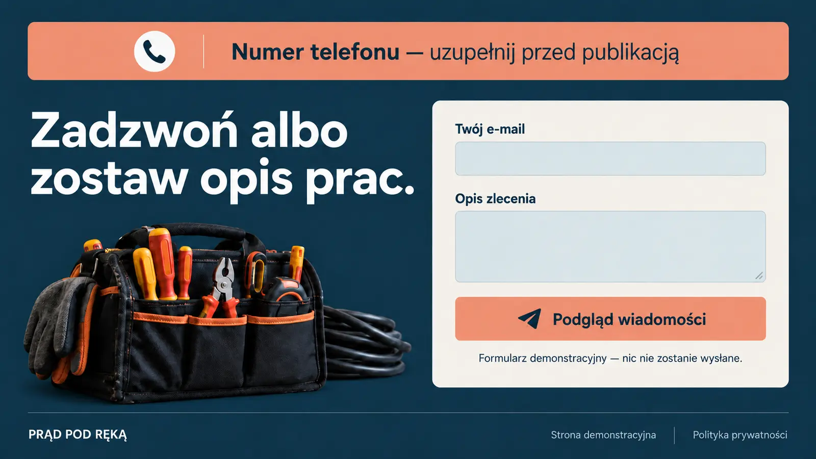 Projekt szablonu Szybki kontakt dla elektryka — sekcja Telefon lub wiadomość