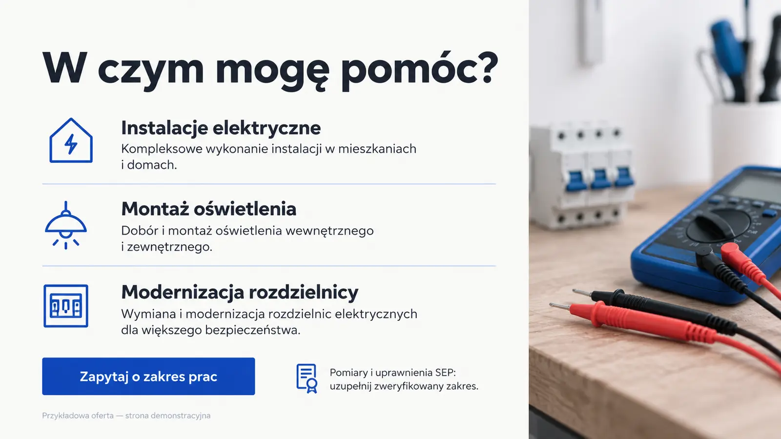 Projekt szablonu Wizytówka dla elektryka — sekcja Krótka oferta