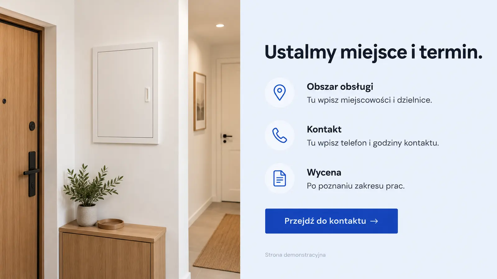 Projekt szablonu Wizytówka dla elektryka — sekcja Informacje praktyczne