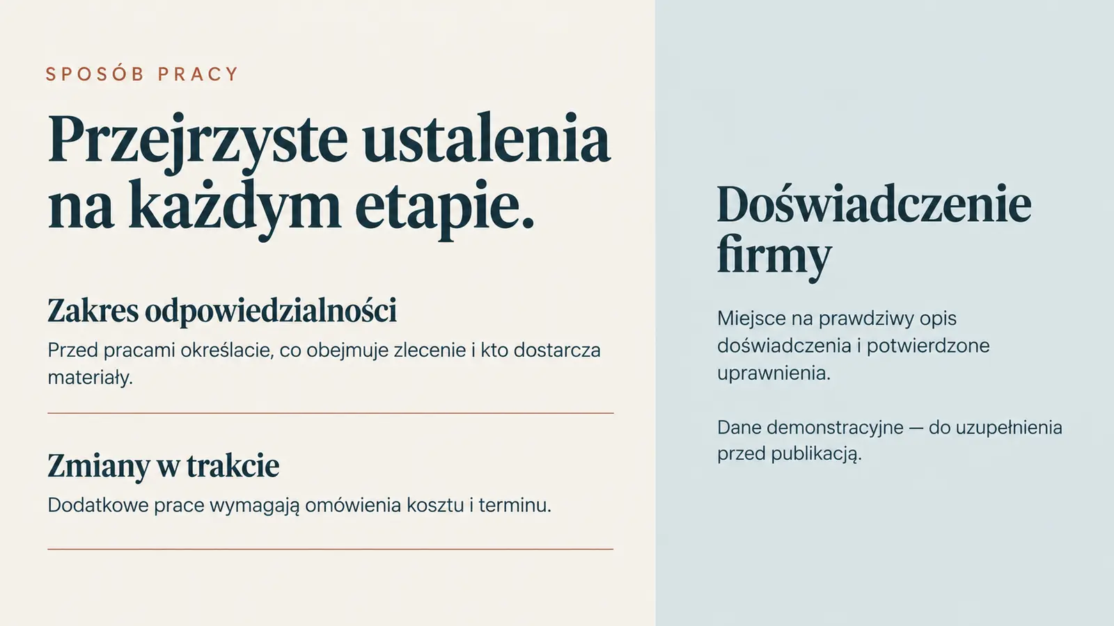 Projekt szablonu Ekspert dla firmy remontowej — sekcja Podejście i doświadczenie