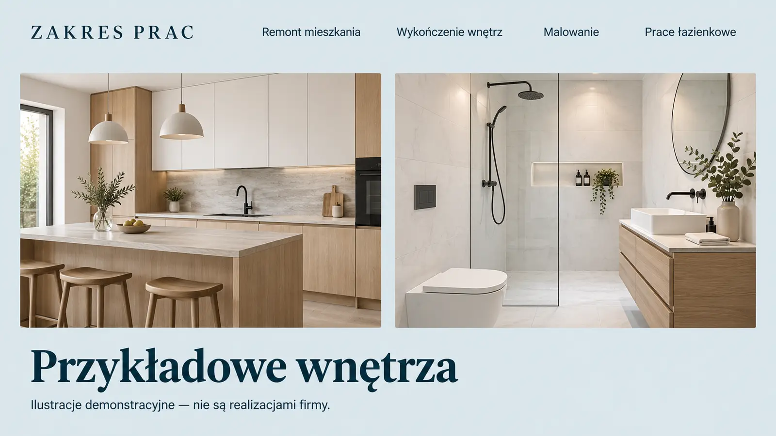 Projekt szablonu Ekspert dla firmy remontowej — sekcja Zakres i ilustracje