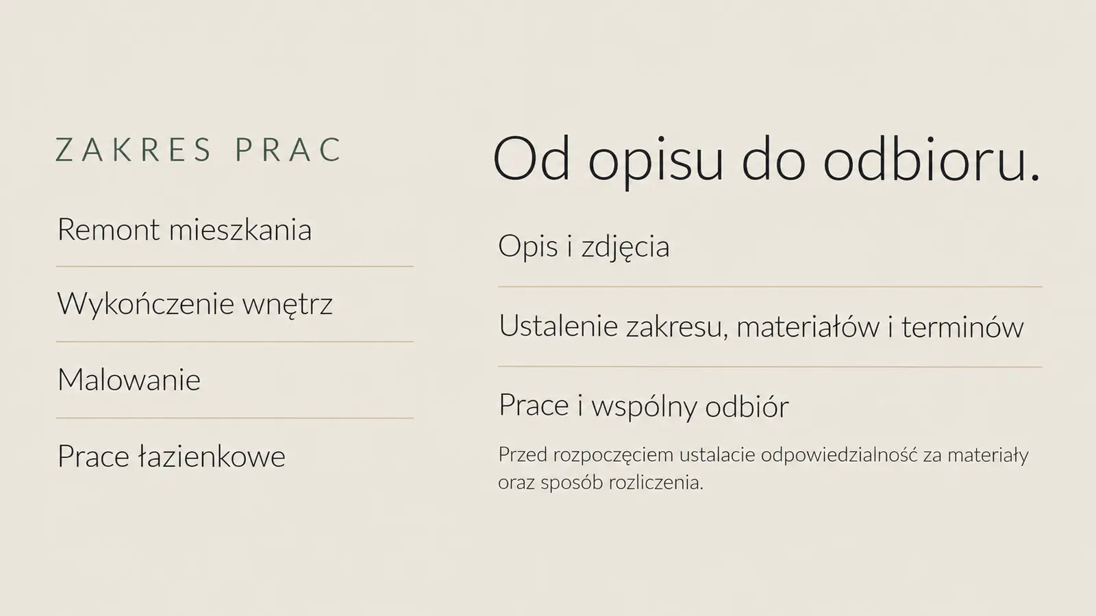 Projekt szablonu Galeria dla firmy remontowej — sekcja Zakres i współpraca