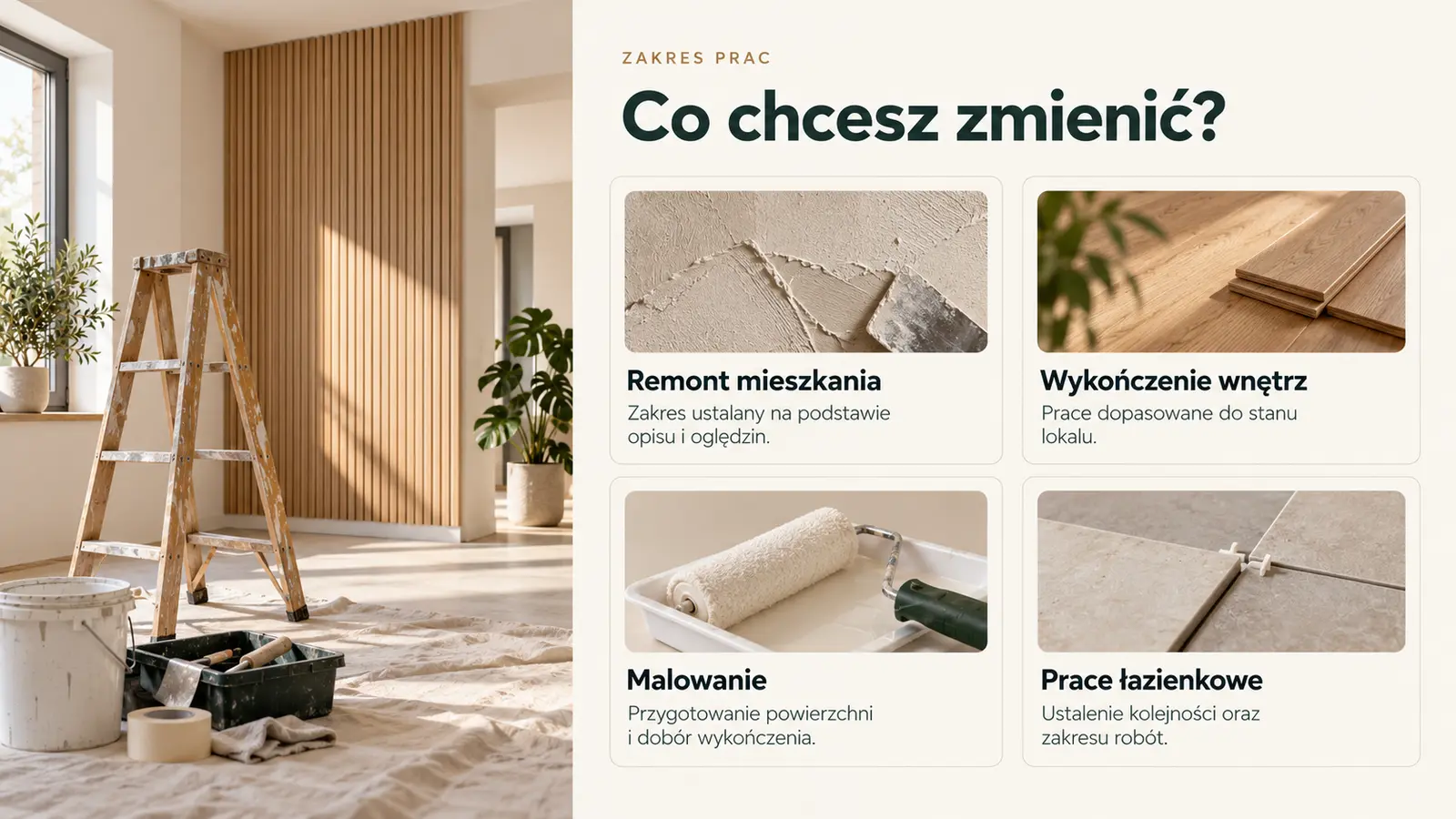 Projekt szablonu Klasyczny dla firmy remontowej — sekcja Zakres remontu